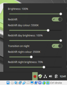 Applet Redshift dans Cinnamon