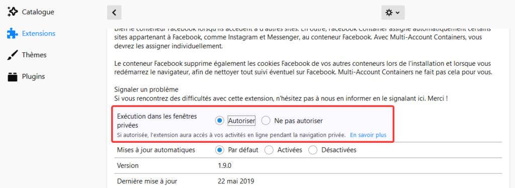 Autoriser extension dans les fenêtres navigation privée