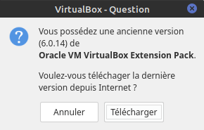 Notification d'une mise à jour du pack extension VirtualBox