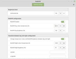 Paramètrage de Redshift depuis le gestionnaire des applets