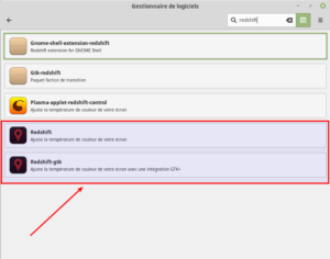 Redshift dans gestionnaire de logiciels Linux Mint