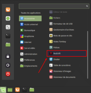 Redshift dans menu Linux Mint Cinnamon