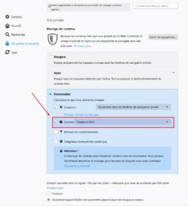 Activer blocage cookies traqueurs tiers dans Firefox