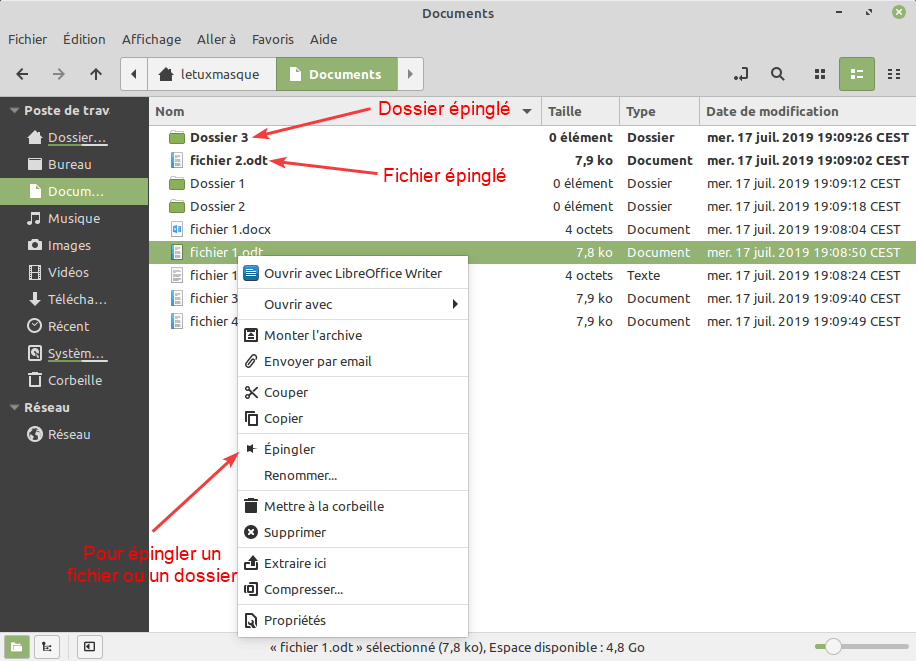 Épingler fichier ou dossier dans Cinnamon 4.2 Linux Mint 19.2
