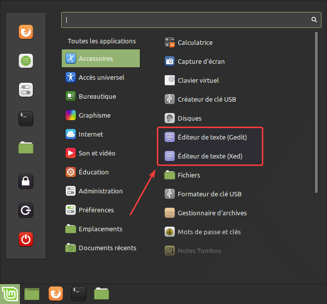 Lanceurs différents éditeur de texte dans Linux Mint 19.2