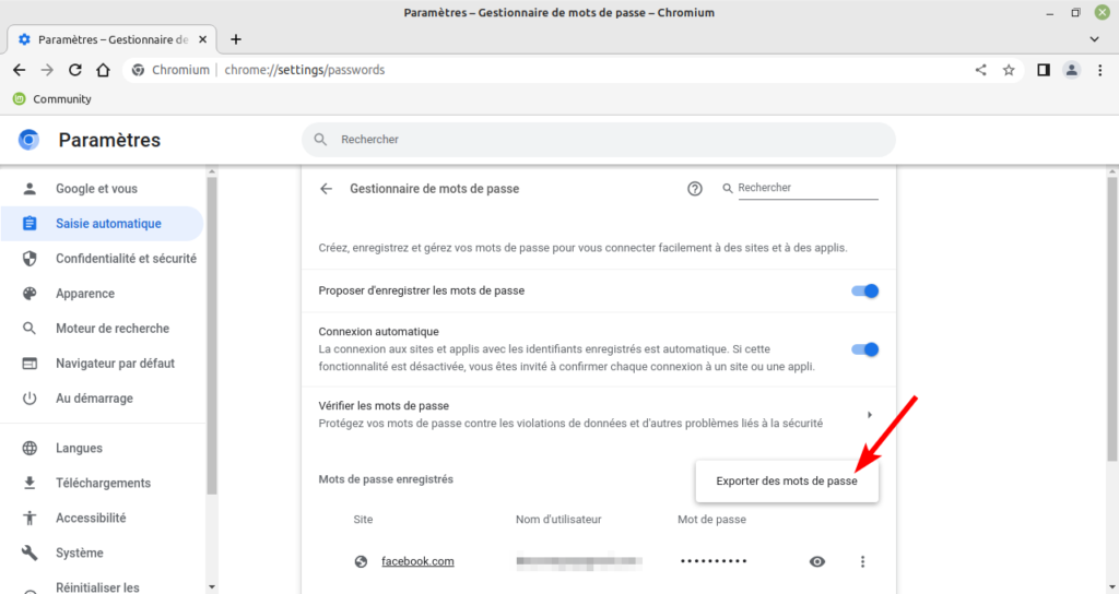 Chromium - menu pour exporter les mots de passe