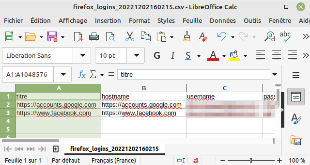 Fichier CSV exporté avec FF Password Exporter avec colonne Titre ajoutée