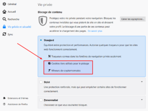 Préférences vie privée dans Firefox 69