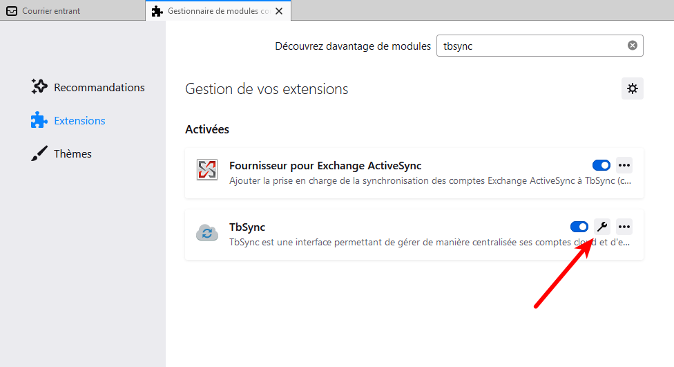 accès pour gérer TbSync depuis gestionnaire de modules complémentaires