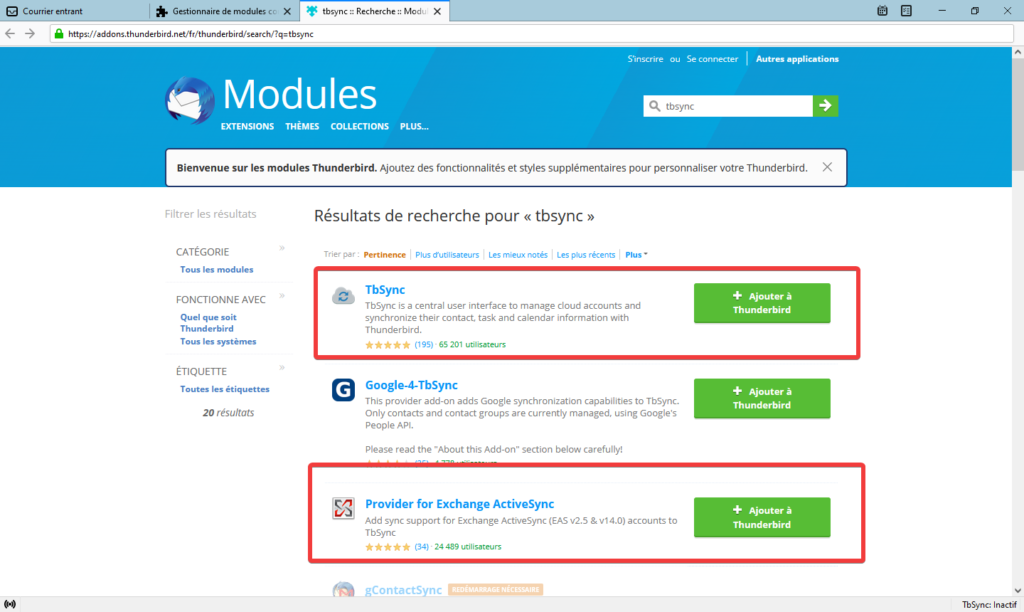 ajout de l'extension TbSync dans Thunderbird