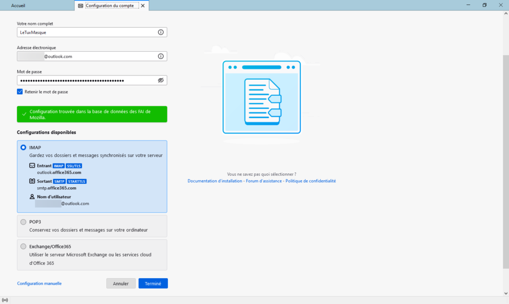 Thunderbird avec compte outlook - choix de la configuration