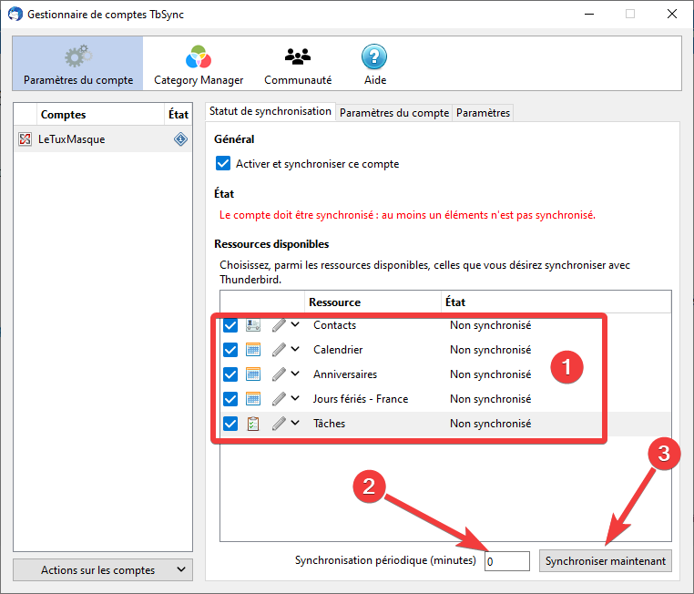 Choix des ressources à synchroniser dans TbSync