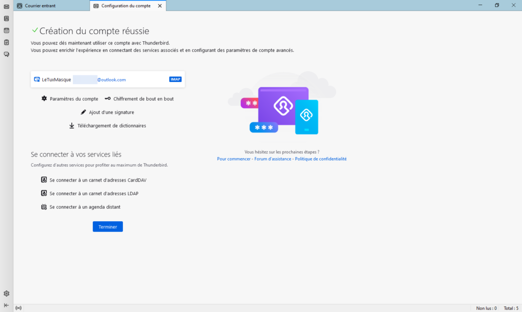 Tthunderbird avec compte outlook - configuration réussie