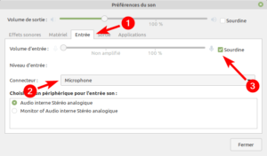 Linux Mint MATE - Préférences du son - entrée microphone