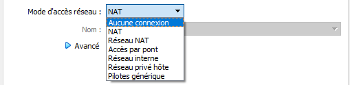 Liste des différents modes d'accès réseau VirtualBox