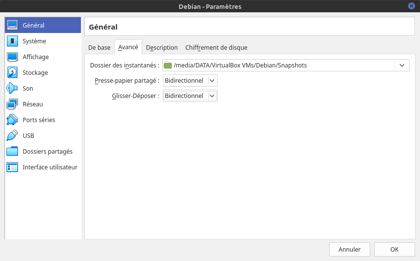 Configuration VirtualBox 7 Debian - Paramètres - Général - Avancé
