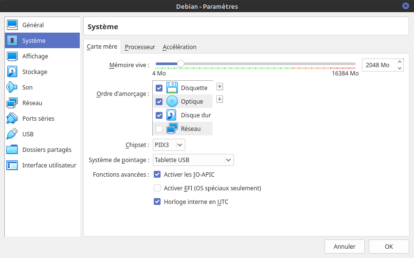 Virtualbox Debian - paramètres système - carte mère