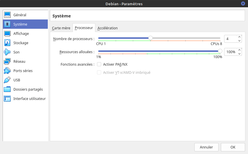 Virtualbox Debian - paramètres système - Processeur