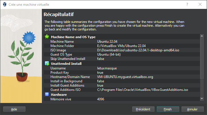 Création VirtualBox Ubuntu - Récapitulatif