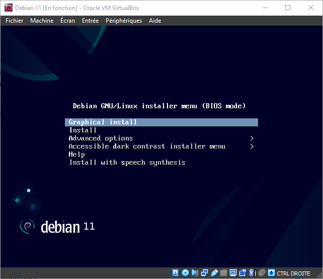 Démarrage installation Debian dans VirtualBox