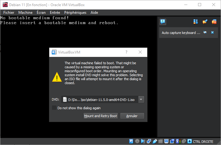 Insérer ISO installation Debian dans VirtualBox 7