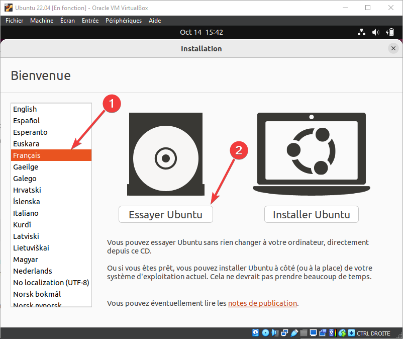 Accueil installation Ubuntu dans VirtualBox
