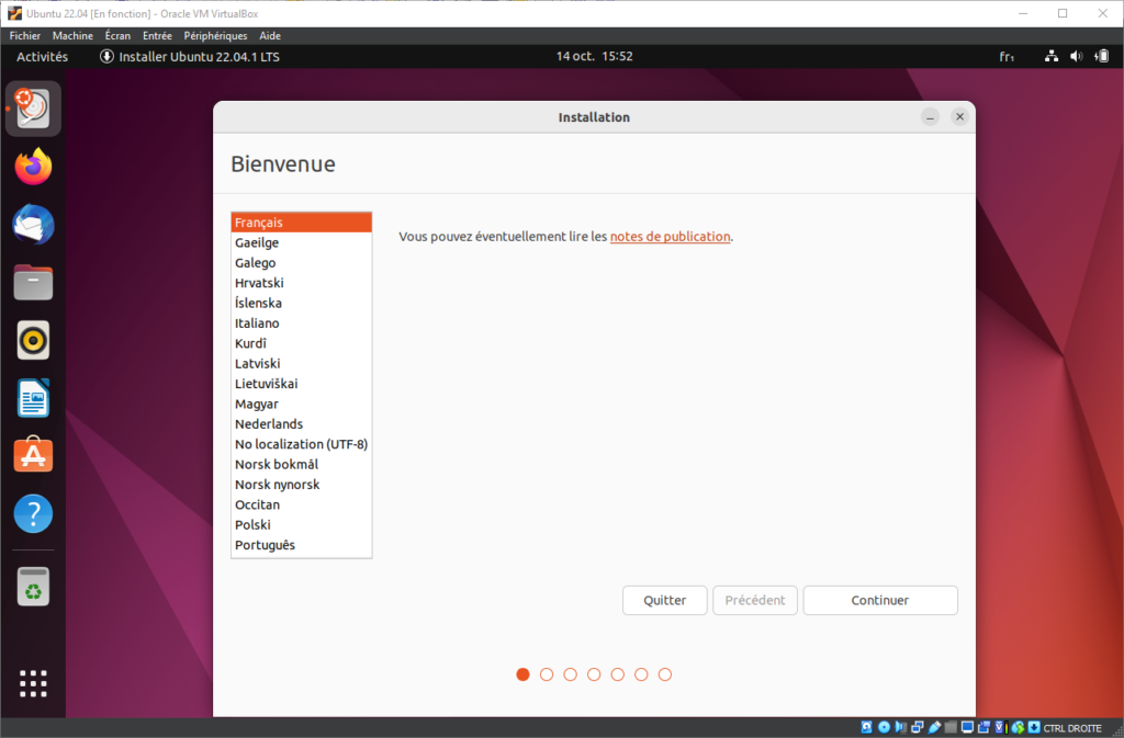 Démarrage de l'installation d'Ubuntu dans VirtualBox