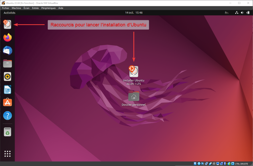 Raccourcis pour lancer l'installation d'Ubuntu