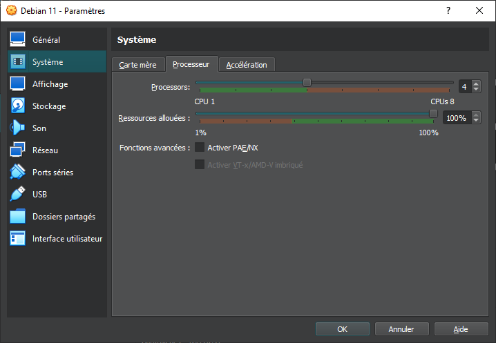 VirtualBox 7 Debian - paramètres système - Processeur