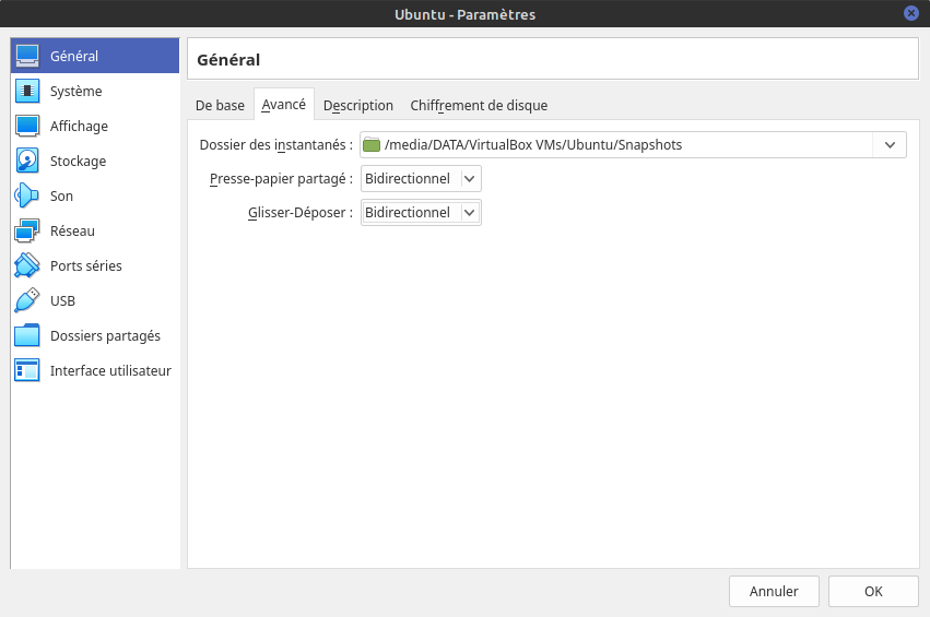 Paramètres de la Virtualbox Ubuntu - section : Général, onglet Avancé