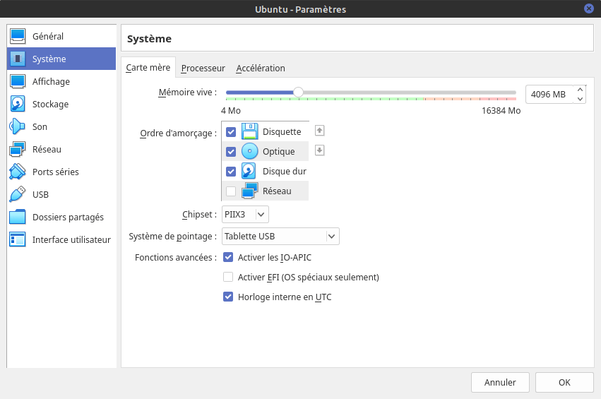 Paramètres de la Virtualbox Ubuntu - section : Systeme, onglet carte mère
