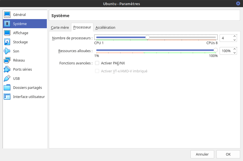 Paramètres de la Virtualbox Ubuntu - section : Système, onglet Processeur