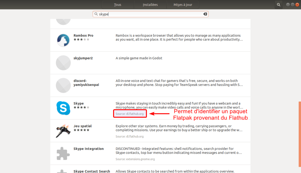 Skype au format flatpak dans gestionnaire de logiciels