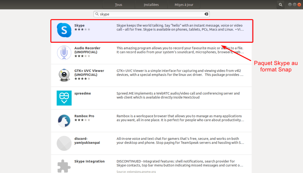 Skype au format snap dans gestionnaire de logiciels Ubuntu