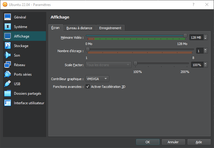 VirtualBox 7 - paramètres - affichage