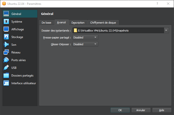 VirtualBox 7 paramètres - général