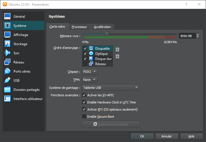VirtualBox 7 - paramètres - système - carte mère