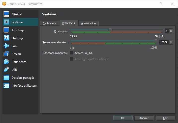 VirtualBox 7 paramètres - système - CPU