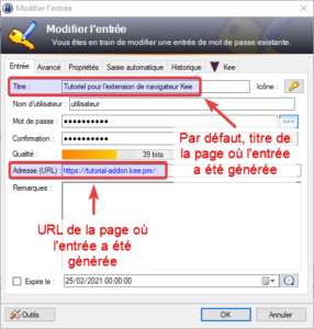 Entrée enregistrée par Kee dans KeePass