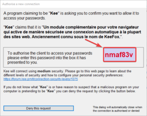 fenêtre Keepass pour l'autorisation de connexion entre Kee dans Google Chrome et Keepass