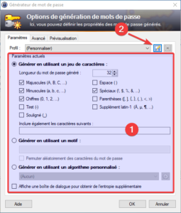 Paramètres pour le générateur de mots de passe de Keepass