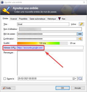 Exemple URL dans KeePass pour un compte Gmail