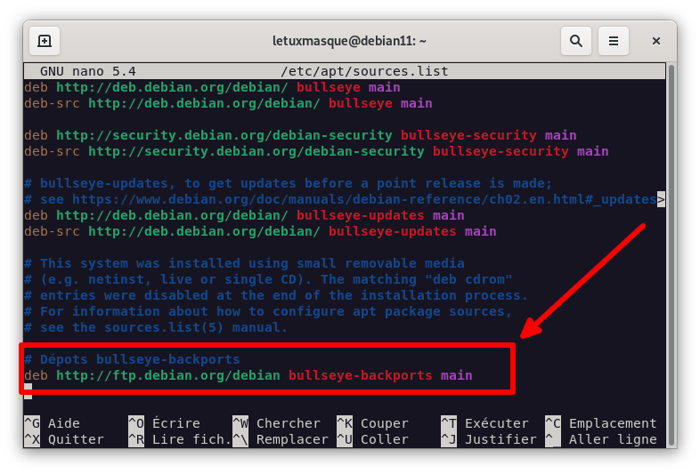 Modification du fichier sources dans Debian 11 Bullseye