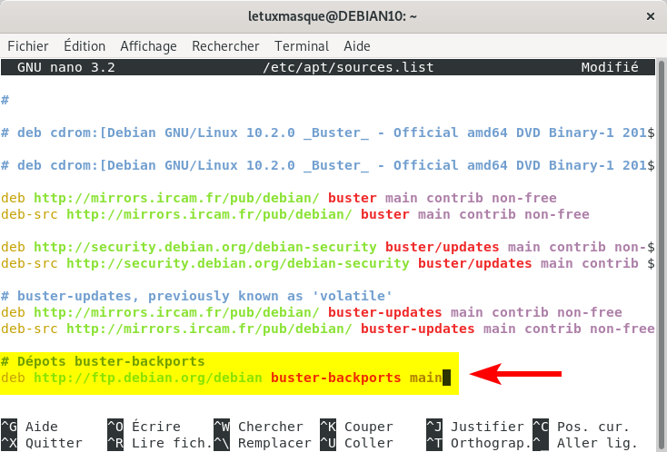 Modification fichier du sources.list dans Debian Buster