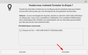 Gnome Disks Linux Mint - confirmation avant de formater