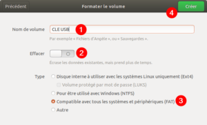 gnome disks - recréer partition sur le usb