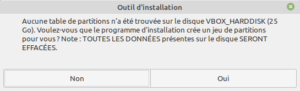 confirmation création partitions pour installation de lmde 4