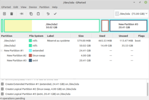 gparted avec partitions pour dualboot Windows lmde 4