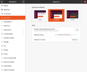 paramètres Apparence dans Ubuntu 20.04 pour changer théme