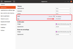 Options pour sélectionner le thème Ubuntu Yaru-Dark pour GNOME Shell